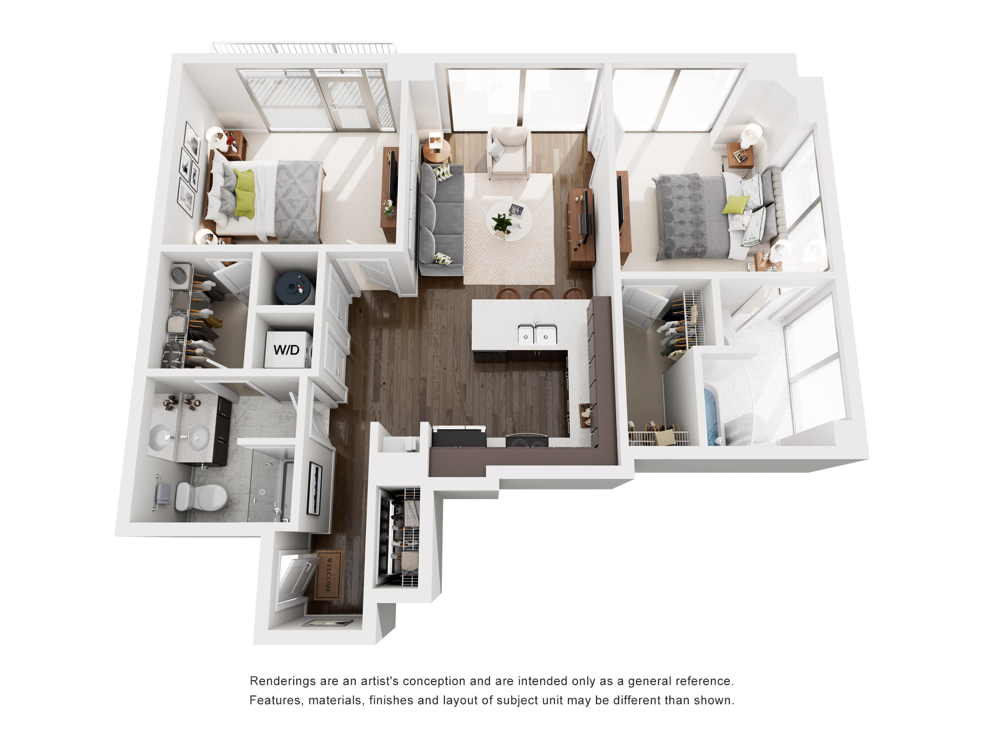 Floor plan for 2 beds, 2 baths, 991 sqft